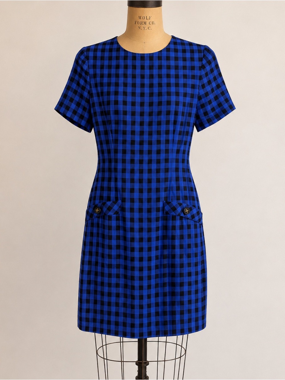 Vintage 1980s Misty Lane Black & Cobalt Blue Checkered Dress